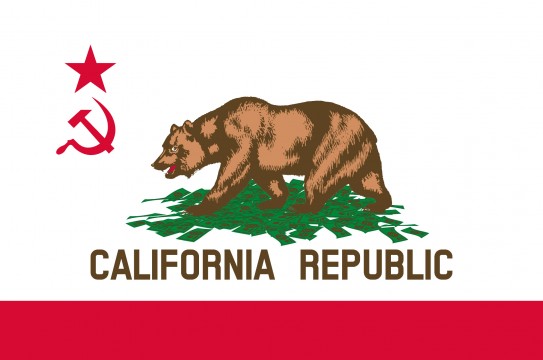 California state flag communist socialist hammer sickle symbol bear pile of money